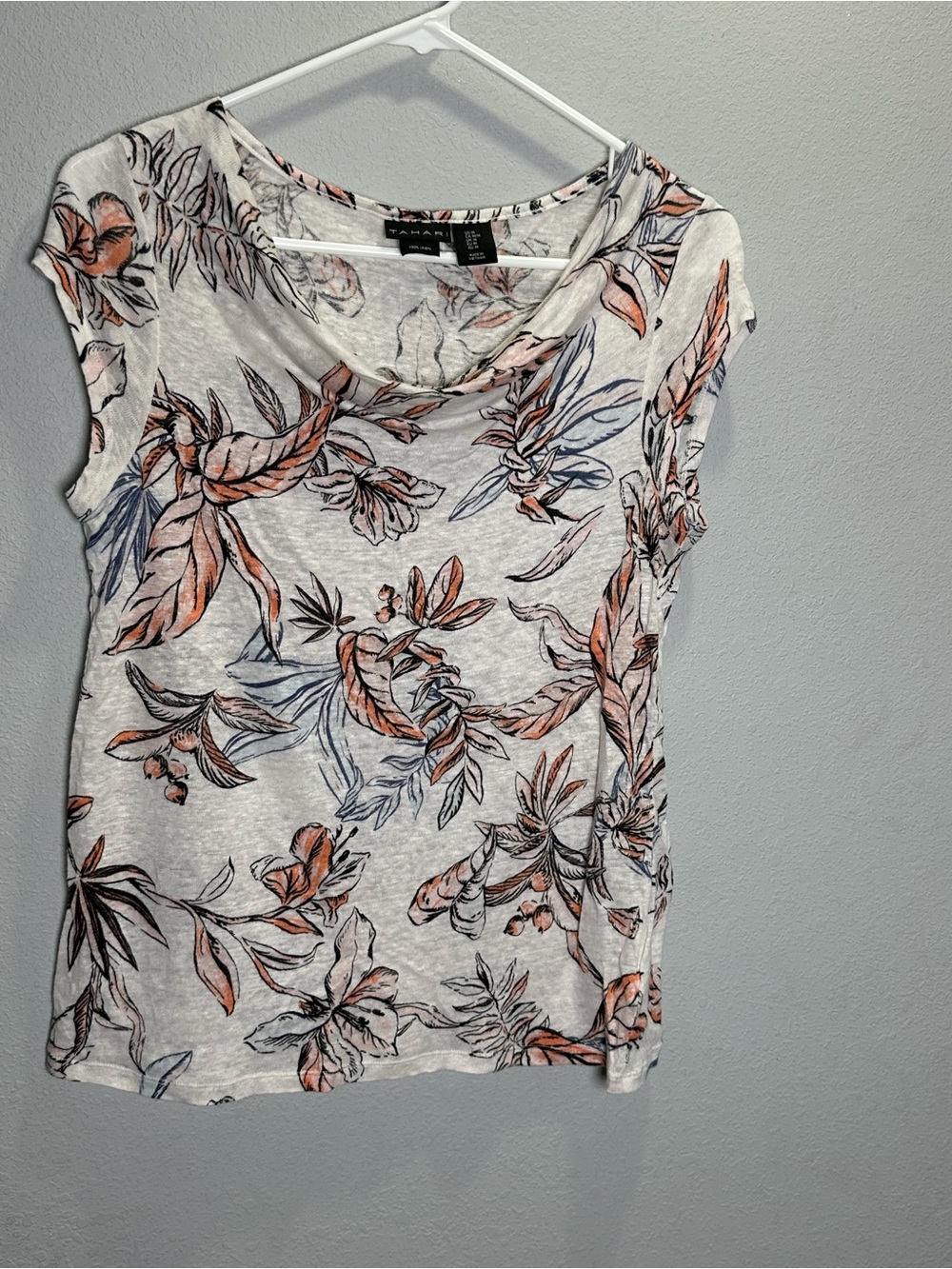 Tahari White Short Sleeve linen Top with Pink and Blue Floral Print